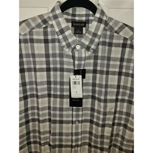NWT Haggar Mens L Shirt Short Sleeve LINEN BLEND Gray Black White Plaid MSP $80